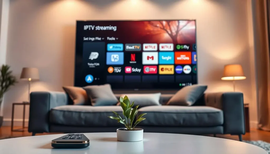 IPTV Android Oberfläche auf Smart TV mit strukturierter App-Ansicht im Wohnzimmer