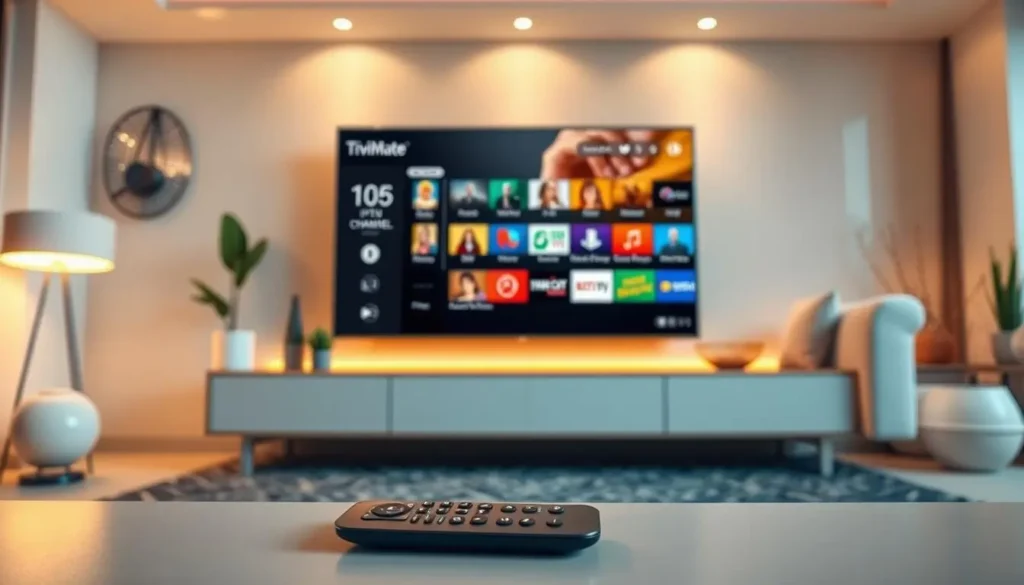 TiviMate IPTV Player Fire Stick Einrichtung mit moderner TV-Oberfläche und Fernbedienung