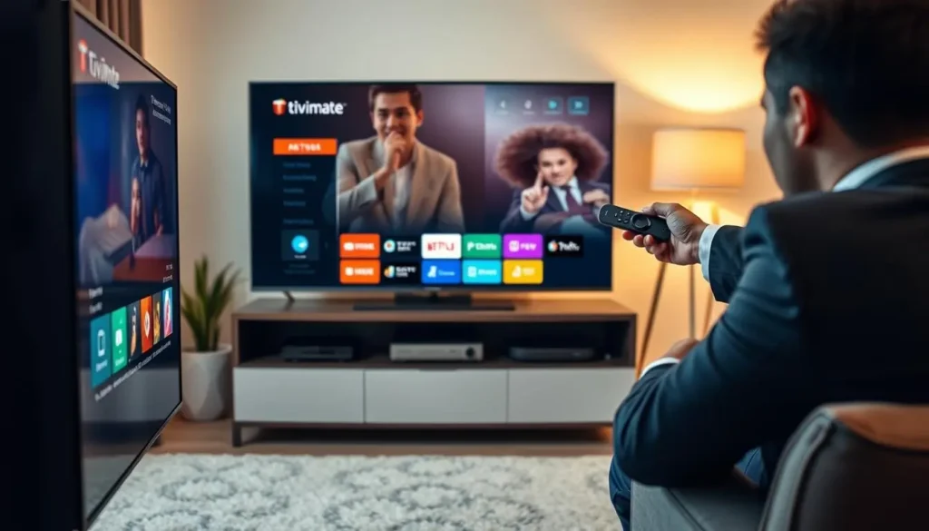 TiviMate IPTV Player auf Smart TV mit moderner Streaming-Oberfläche im Wohnzimmer